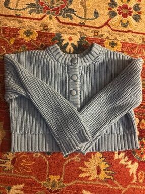 Sezane paolo Cropped Rib-Knit Button-Front Sweater in bleu